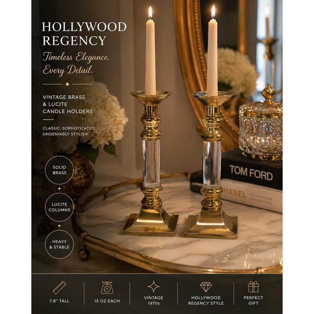 Vintage Brass & Lucite Candle Holders Pair Hollywood Regency MCM 1970s